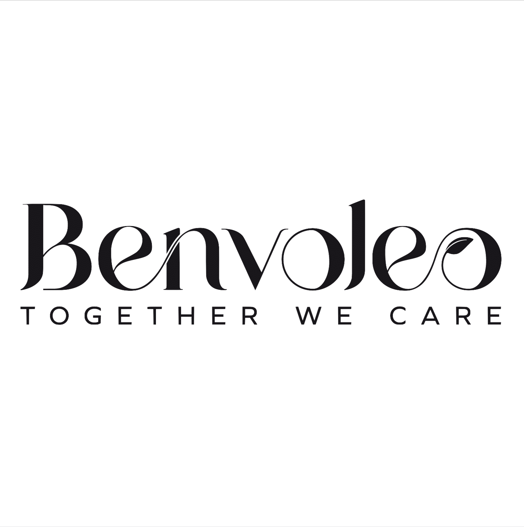 Il logotipo di Benvoleo, nome di una linea di prodotti naturali per capelli, sviluppato da Synesia. Sotto al logotipo è presente il payoff "Together we care". Lo sfondo dell'immagine è bianco e i caratteri sono neri.